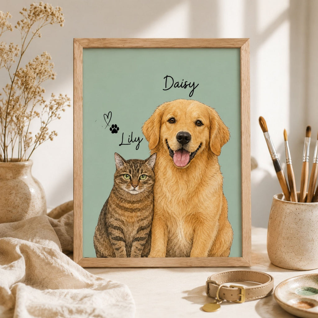 Custom Two Pet Portrait from Photo | Personalized Wall Art.