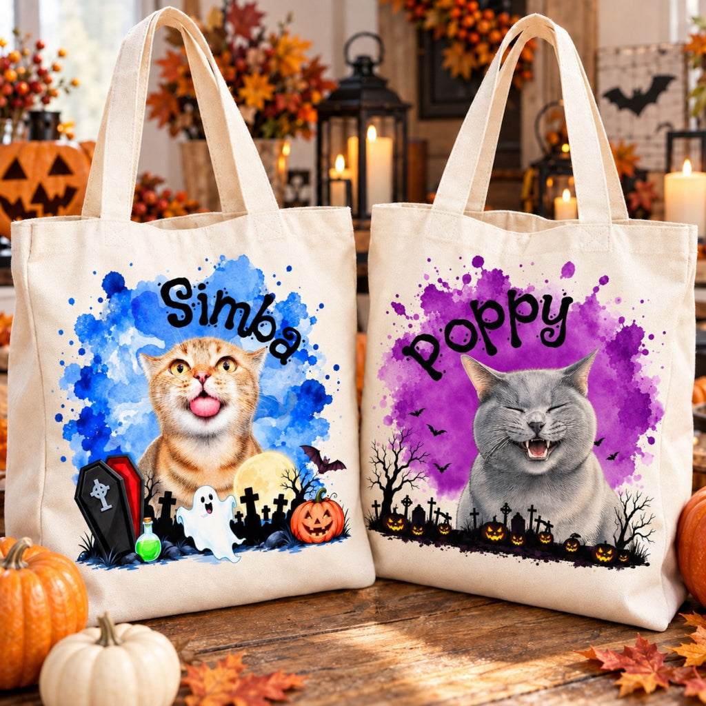 Custom Cat Halloween Tote Bag with Name, Trick or Treat Canvas Bag