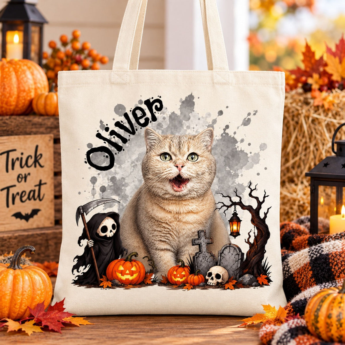 Custom Cat Halloween Tote Bag with Name, Trick or Treat Canvas Bag