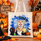 Custom Cat Halloween Tote Bag with Name, Trick or Treat Canvas Bag