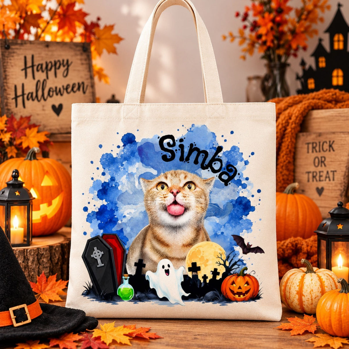 Custom Cat Halloween Tote Bag with Name, Trick or Treat Canvas Bag