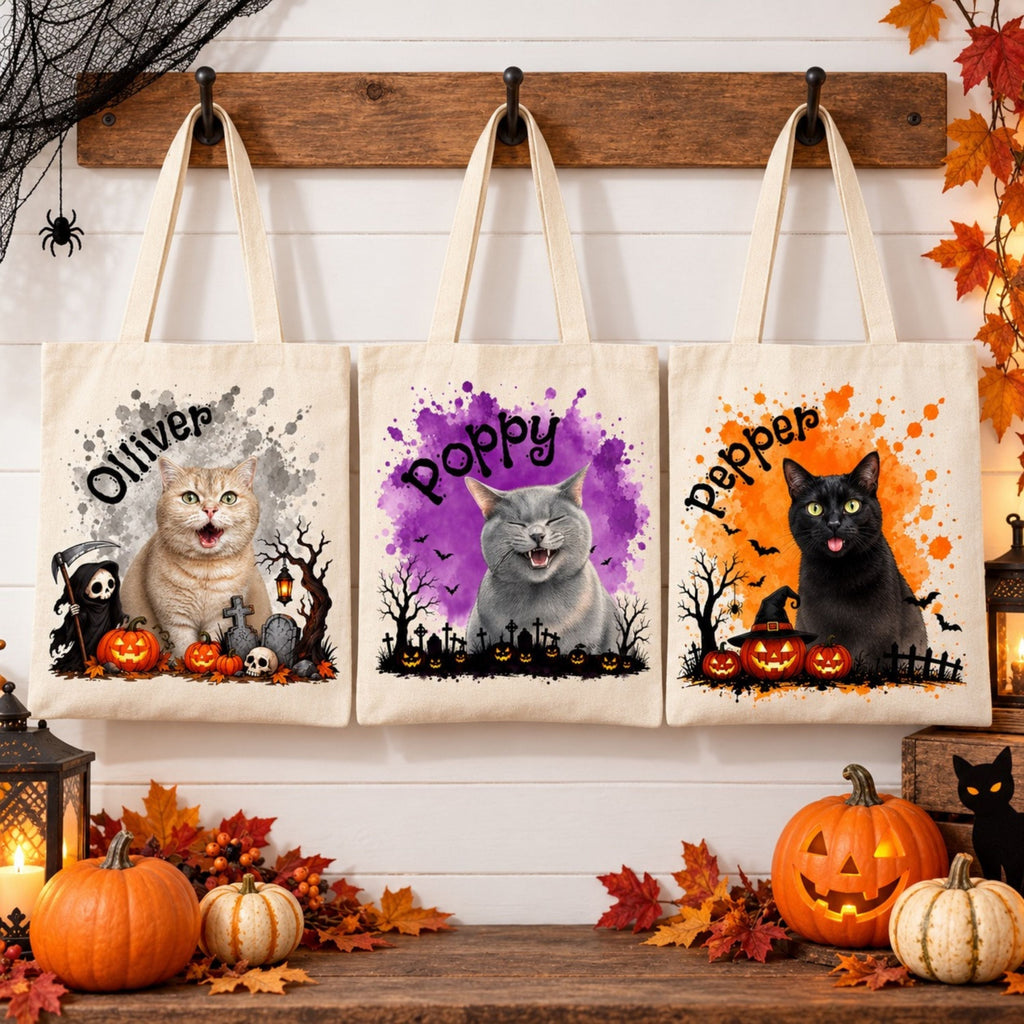 Custom Cat Halloween Tote Bag with Name, Trick or Treat Canvas Bag