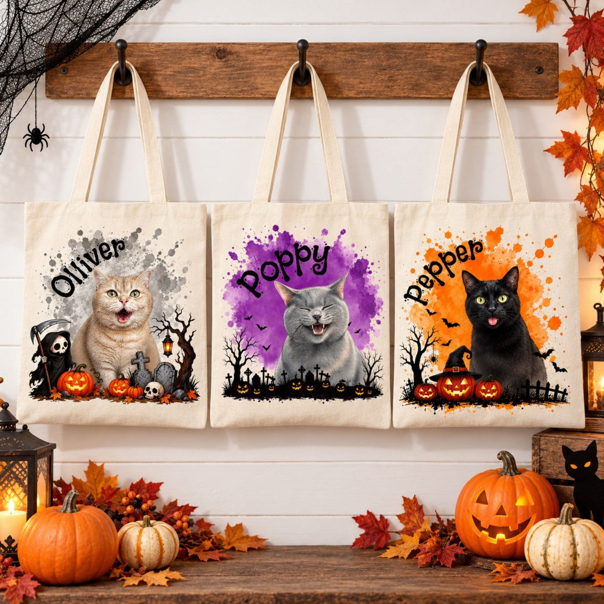 Custom Cat Halloween Tote Bag with Name, Trick or Treat Canvas Bag