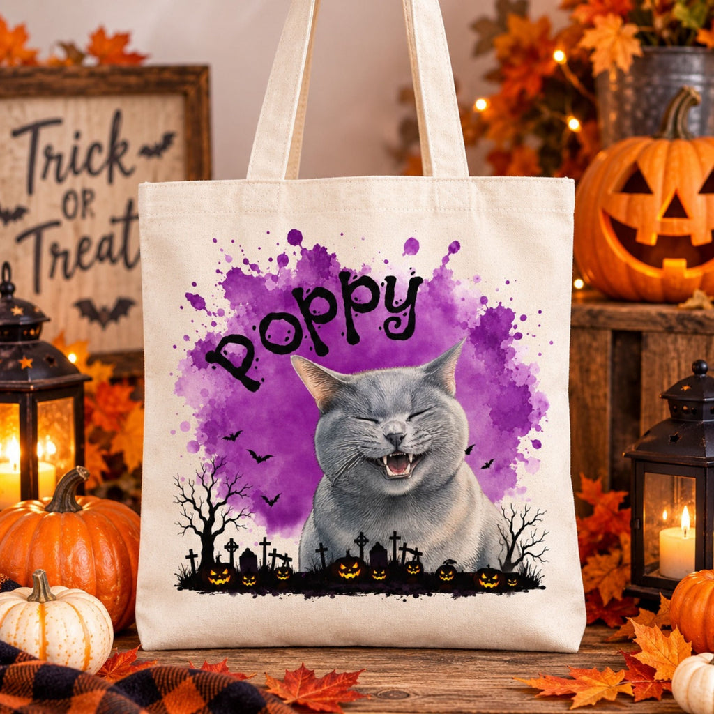 Custom Cat Halloween Tote Bag with Name, Trick or Treat Canvas Bag
