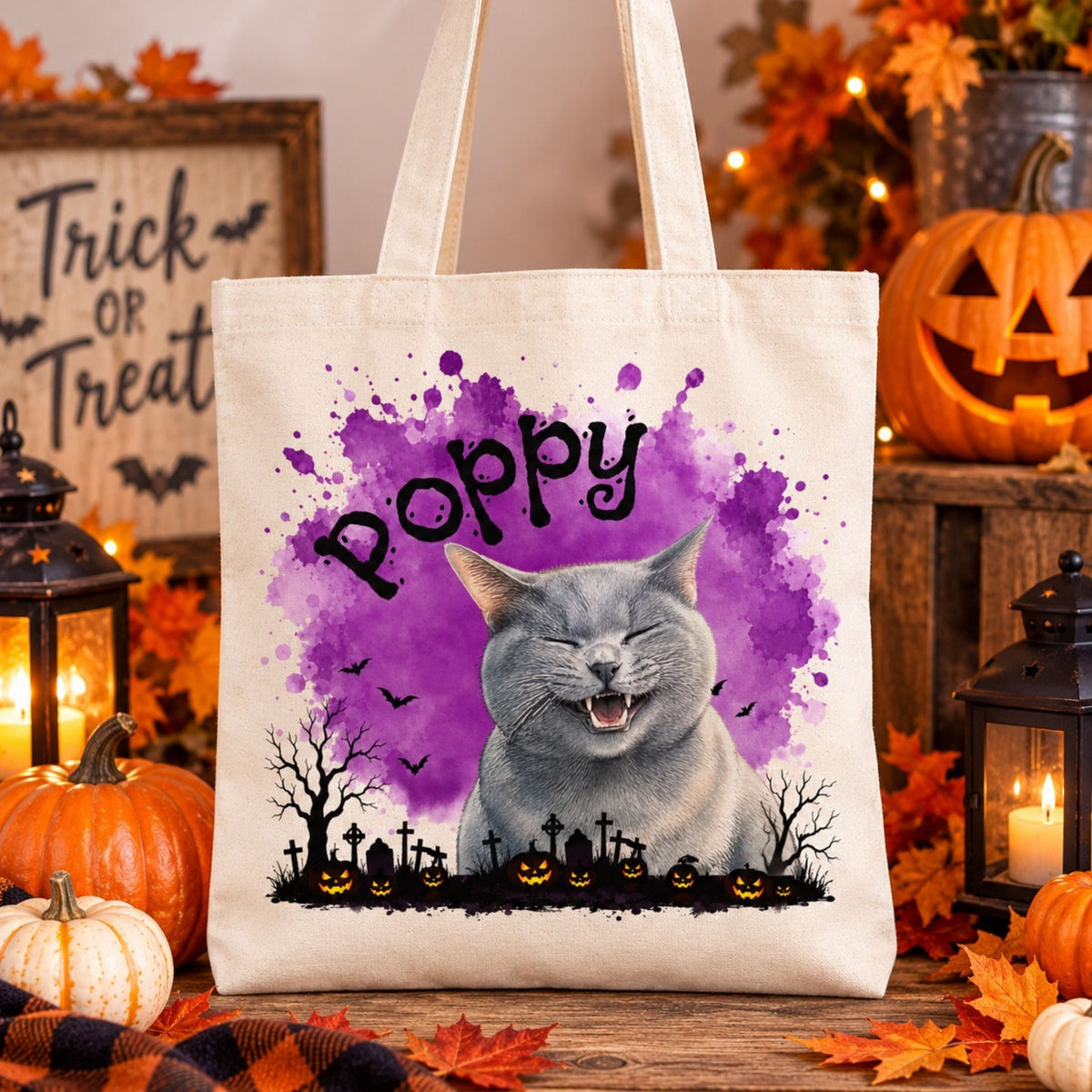 Custom Cat Halloween Tote Bag with Name, Trick or Treat Canvas Bag