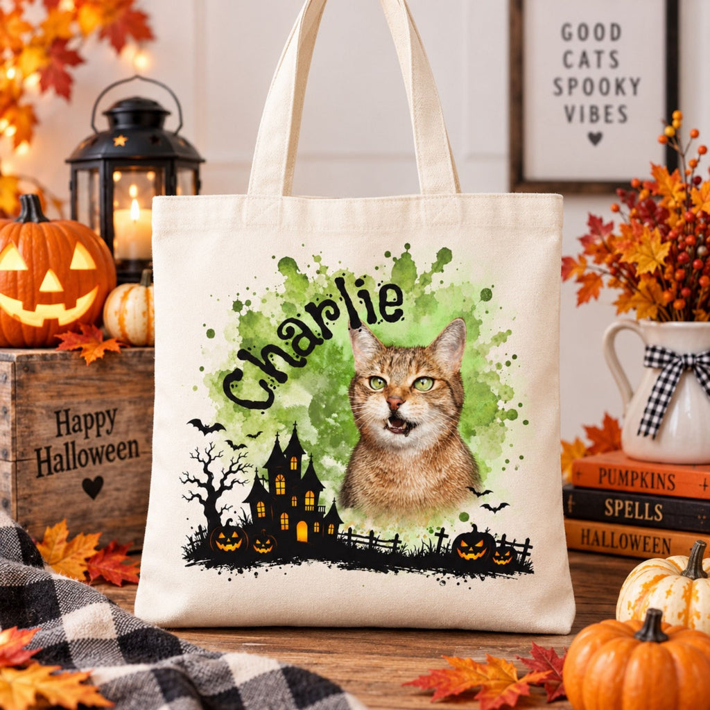 Custom Cat Halloween Tote Bag with Name, Trick or Treat Canvas Bag