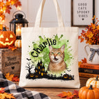 Custom Cat Halloween Tote Bag with Name, Trick or Treat Canvas Bag