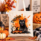 Custom Cat Halloween Tote Bag with Name, Trick or Treat Canvas Bag