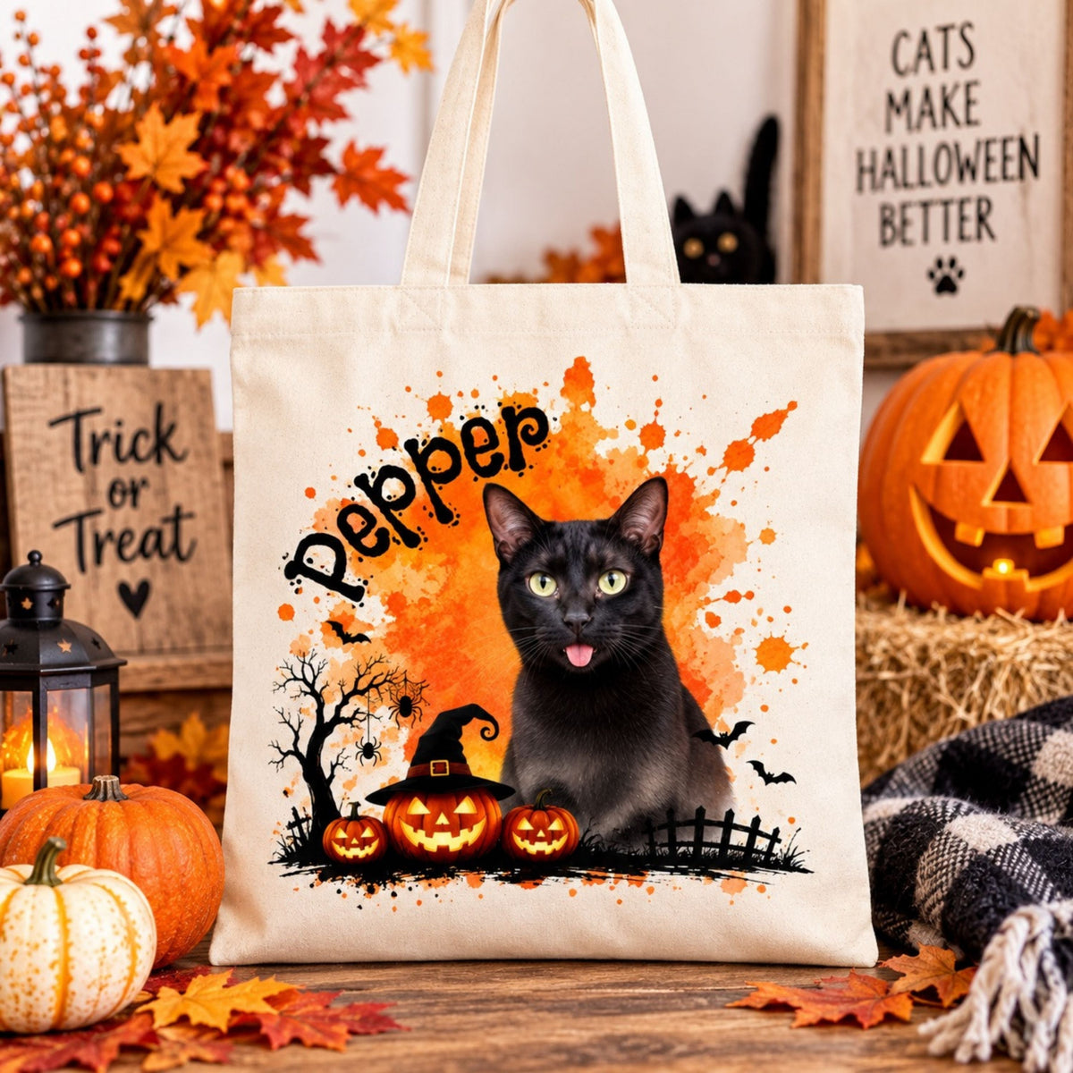 Custom Cat Halloween Tote Bag with Name, Trick or Treat Canvas Bag