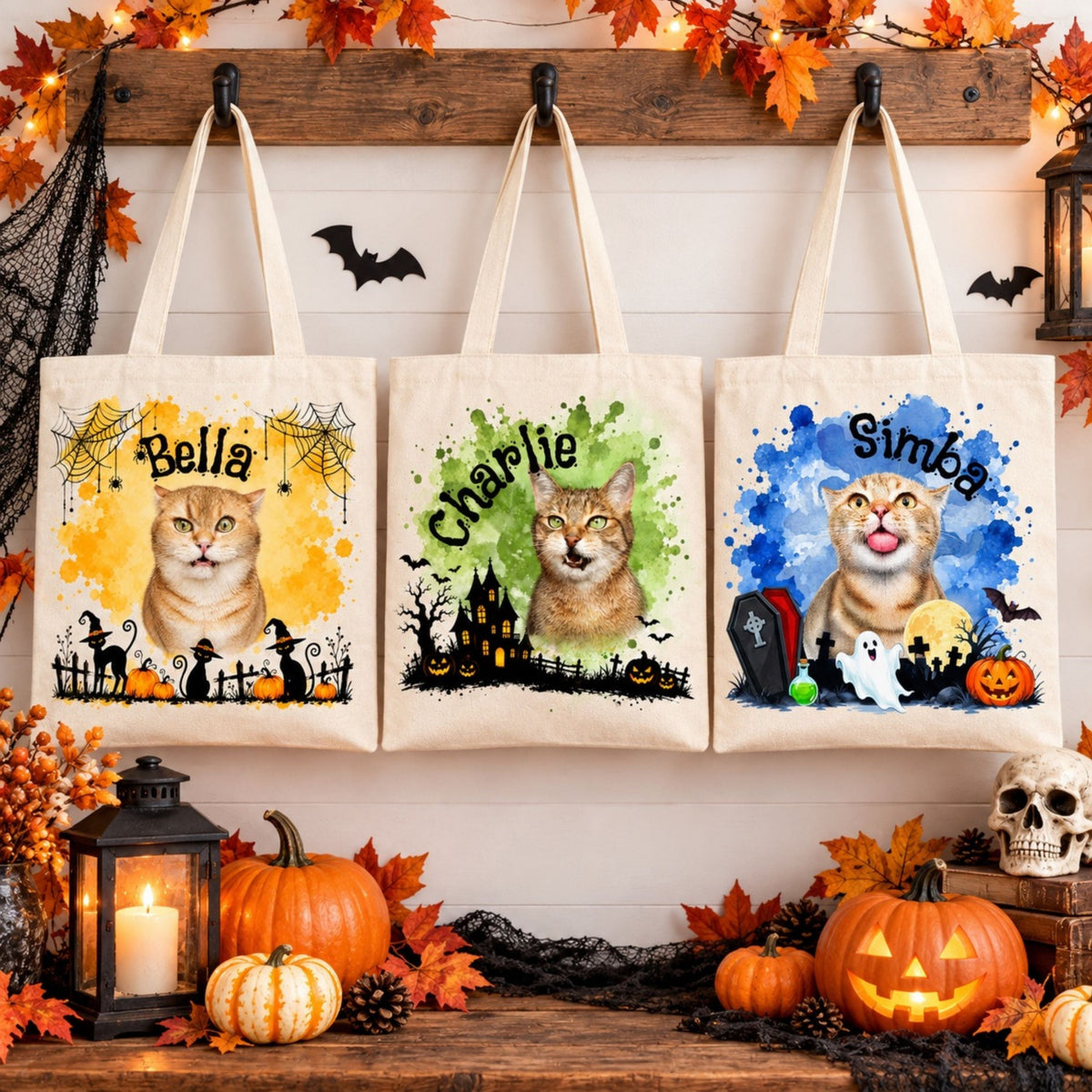 Custom Cat Halloween Tote Bag with Name, Trick or Treat Canvas Bag