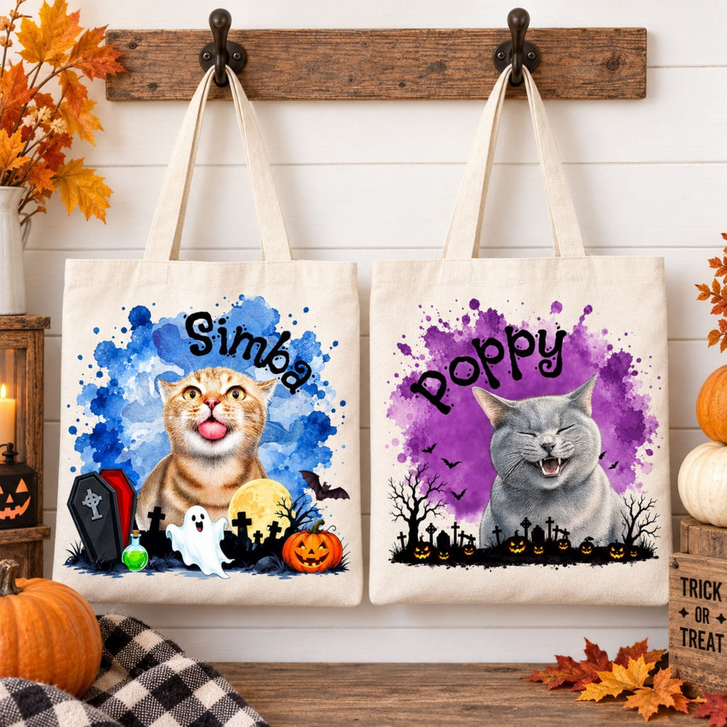 Custom Cat Halloween Tote Bag with Name, Trick or Treat Canvas Bag