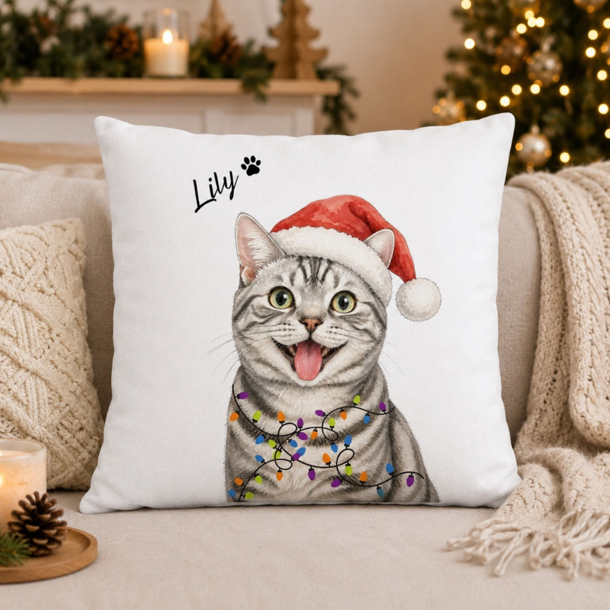 Custom Watercolor Pet Christmas Pillow with Name
