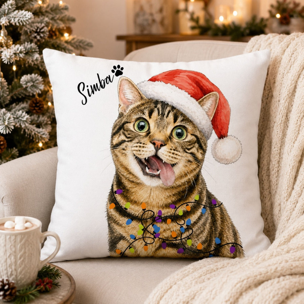 Custom Watercolor Pet Christmas Pillow with Name