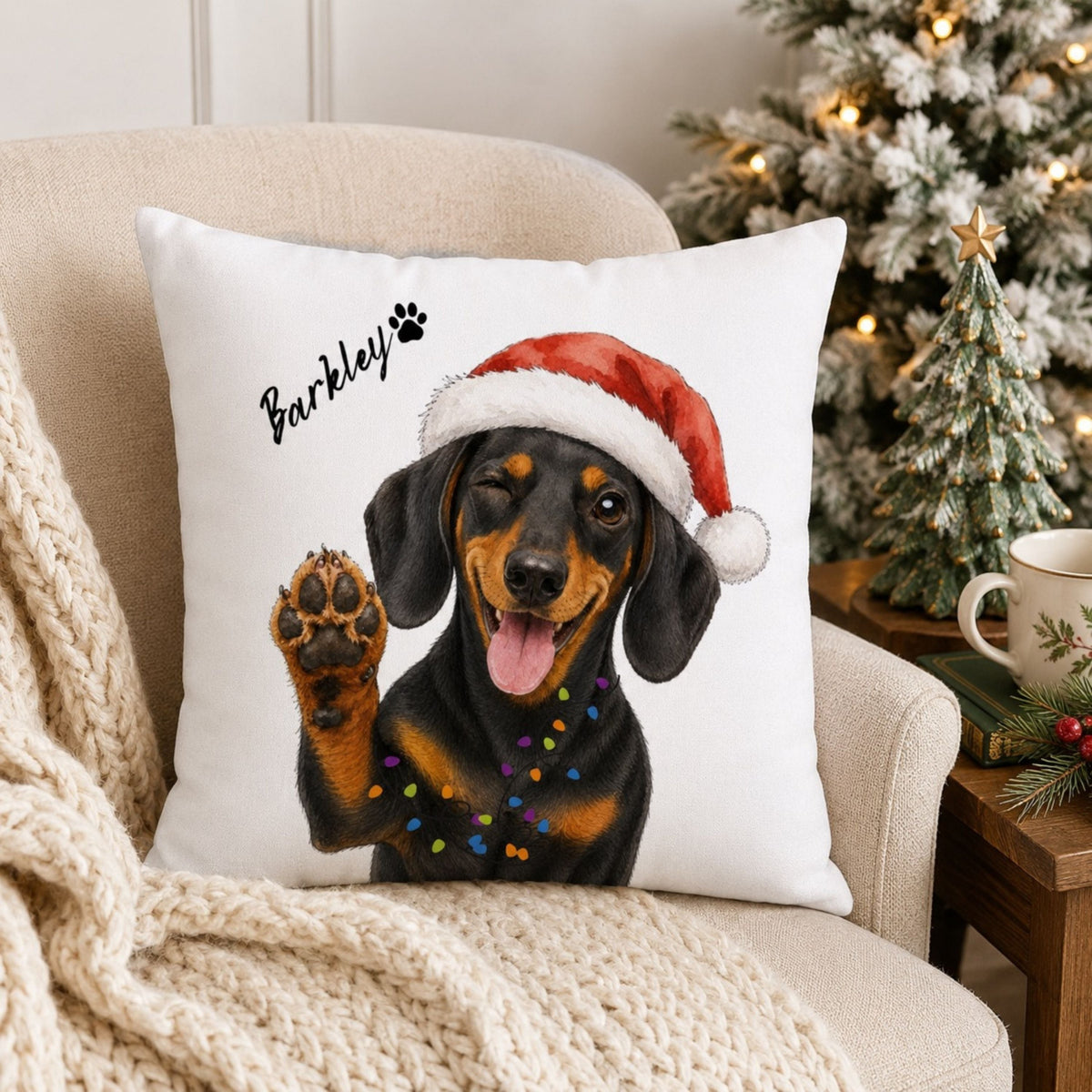 Custom Watercolor Pet Christmas Pillow with Name