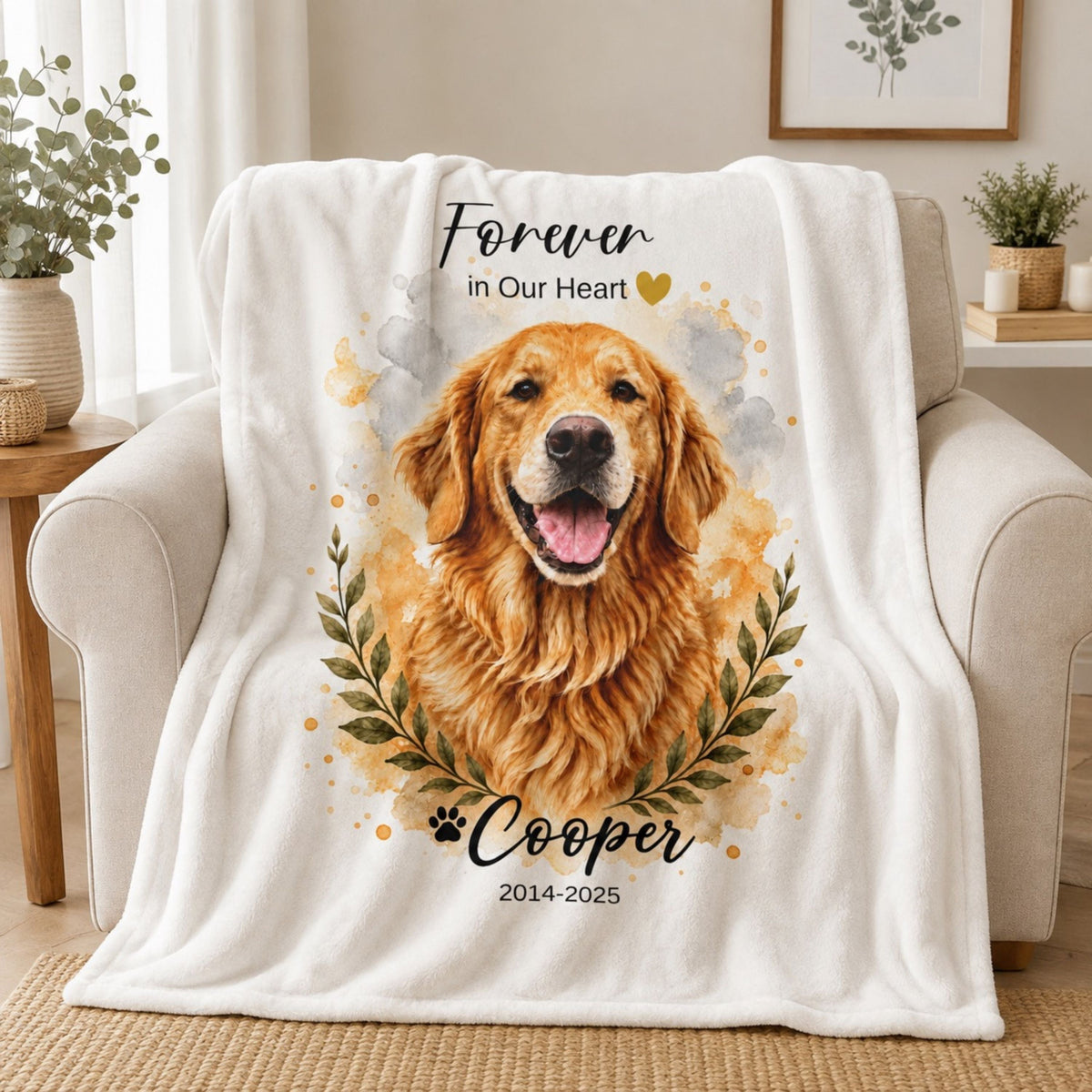 Custom Watercolor Pet Memorial Blanket with Name & Dates