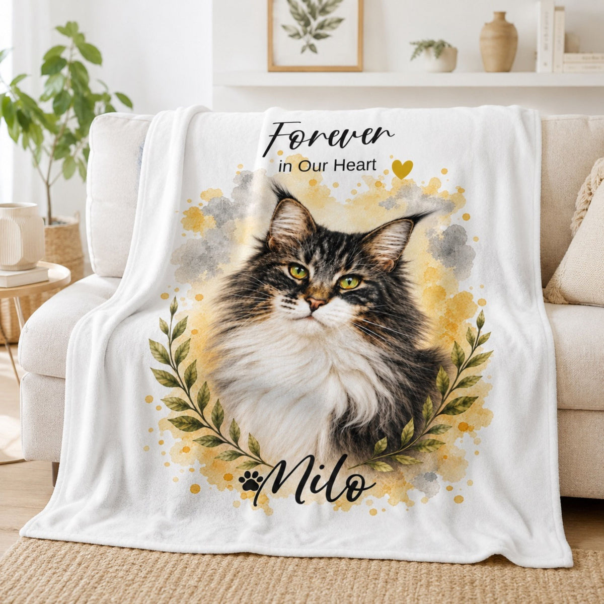 Custom Watercolor Pet Memorial Blanket with Name & Dates