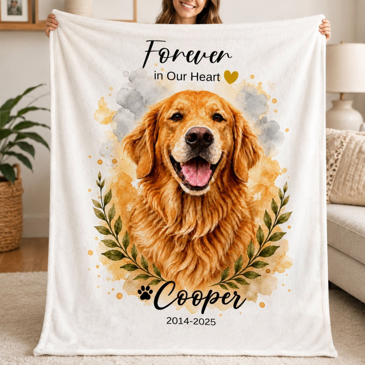 Custom Watercolor Pet Memorial Blanket with Name & Dates