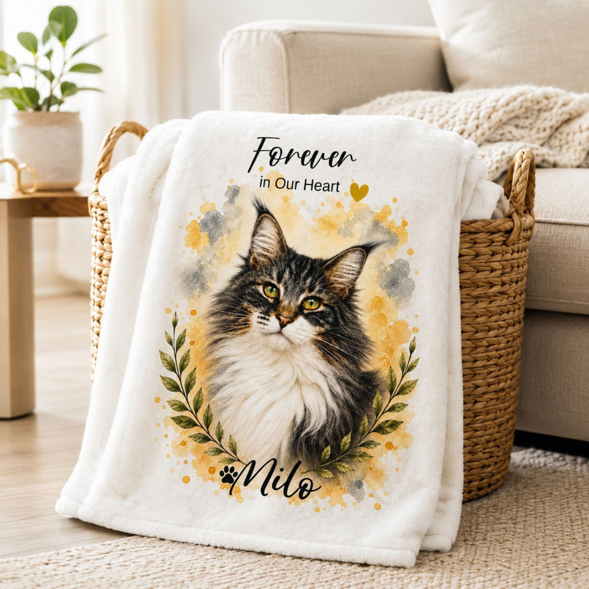 Custom Watercolor Pet Memorial Blanket with Name & Dates