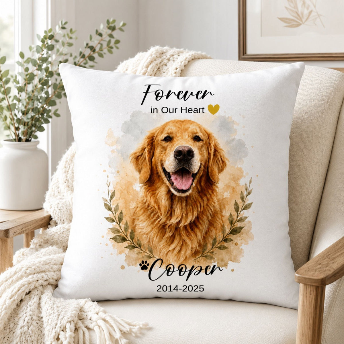 Custom Watercolor Pet Memorial Pillow – Personalized Pet Loss Gift