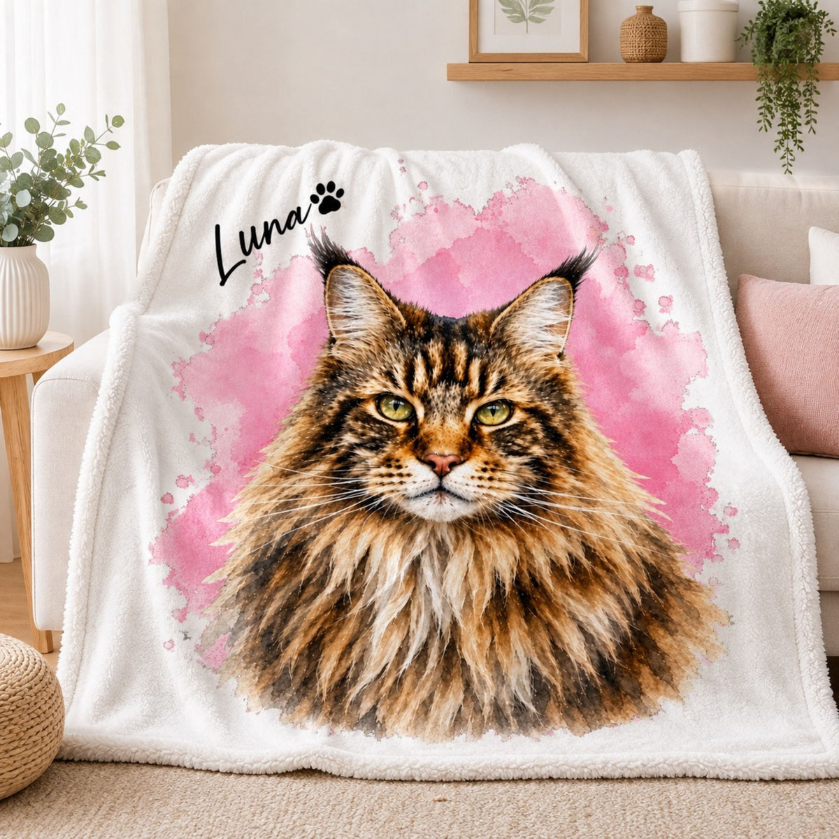 Custom Cat Watercolor Blanket – Personalized Pet Portrait