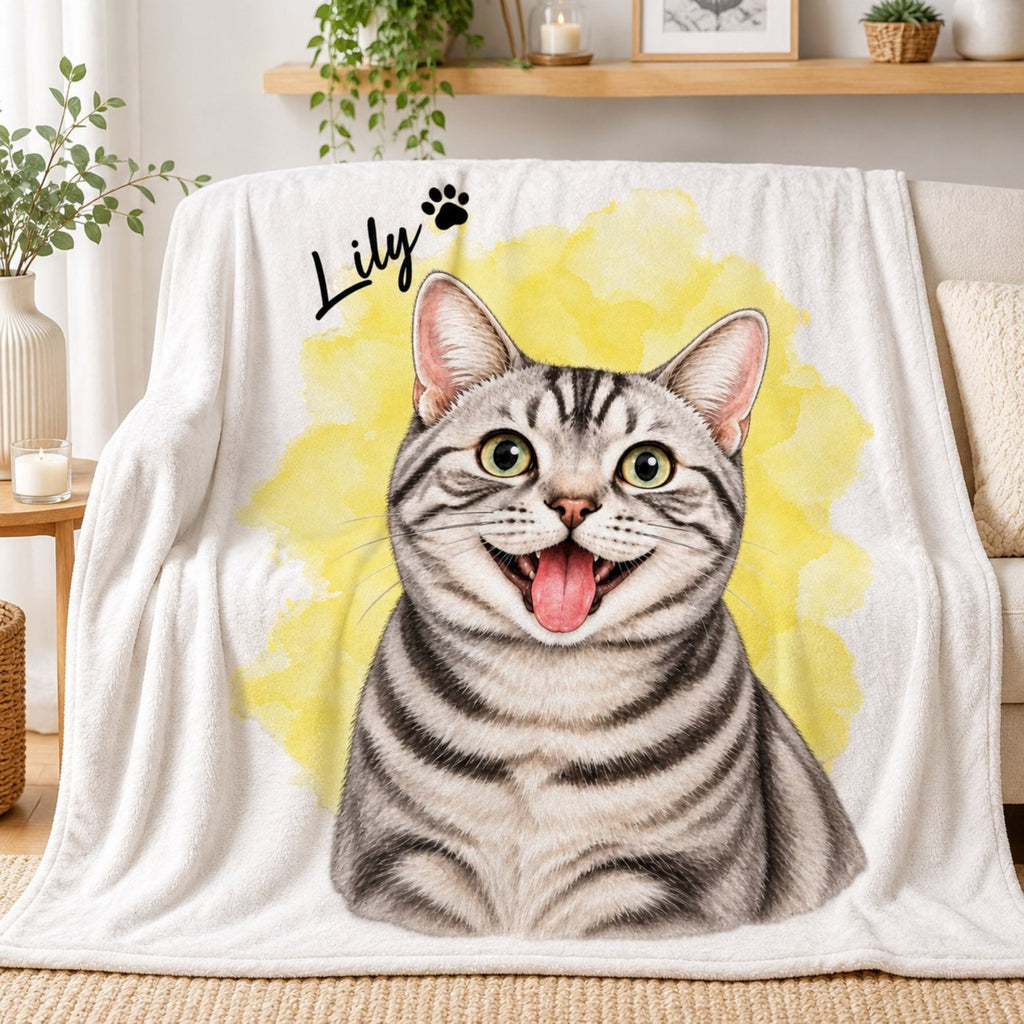 Custom Cat Watercolor Blanket – Personalized Pet Portrait