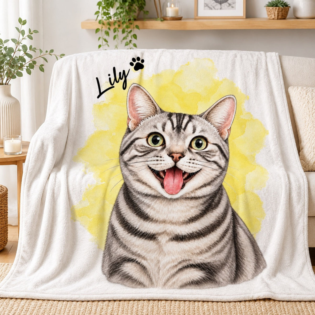 Custom Cat Watercolor Blanket – Personalized Pet Portrait
