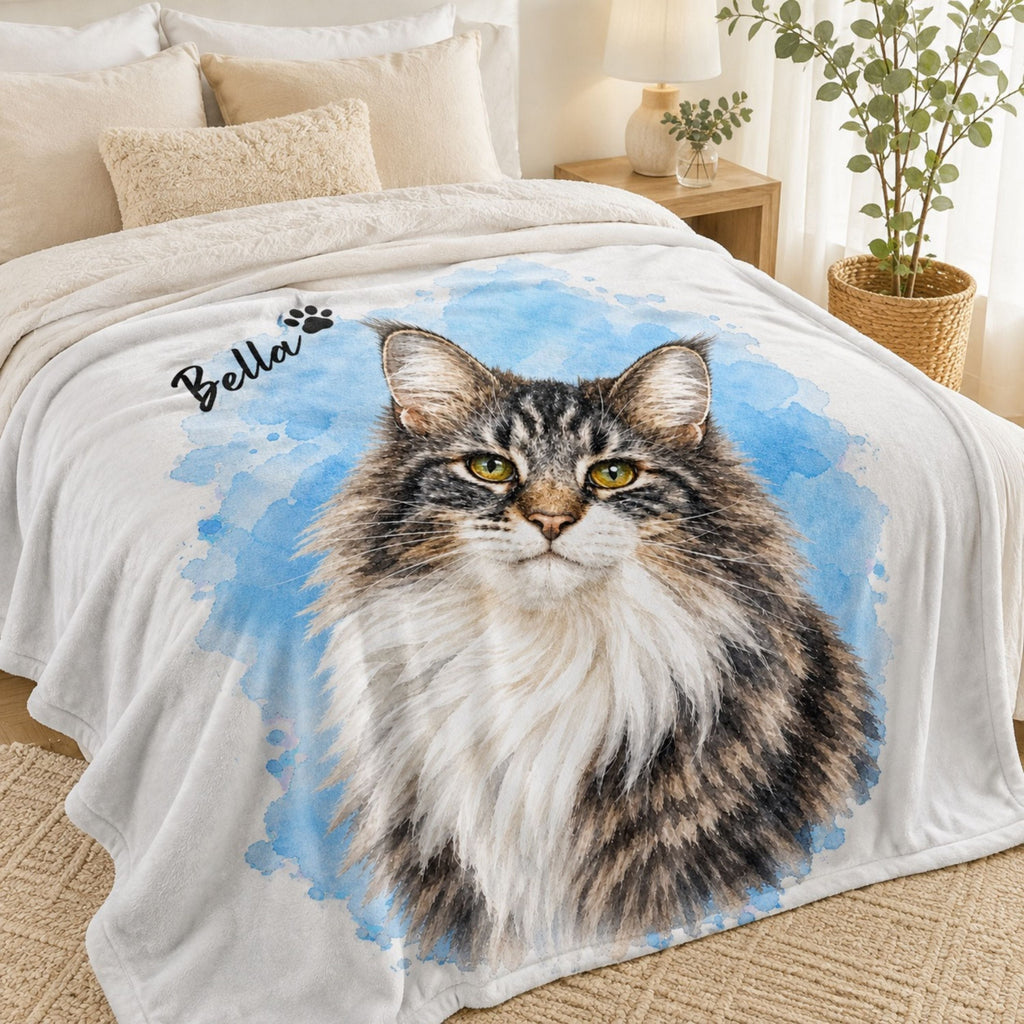 Custom Cat Watercolor Blanket – Personalized Pet Portrait