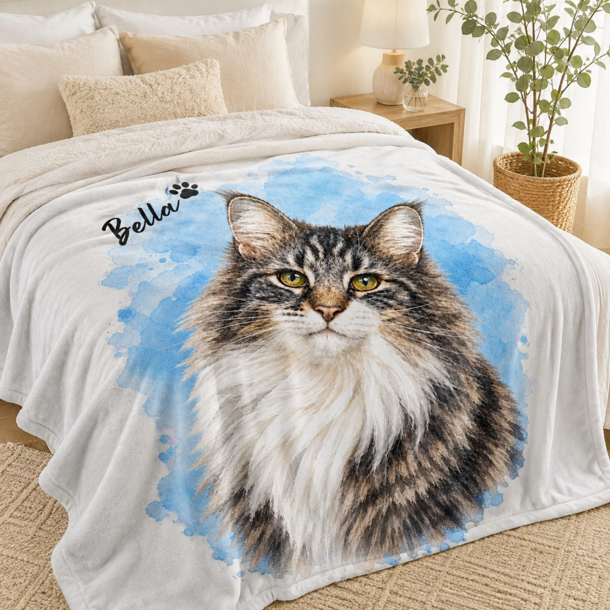 Custom Cat Watercolor Blanket – Personalized Pet Portrait