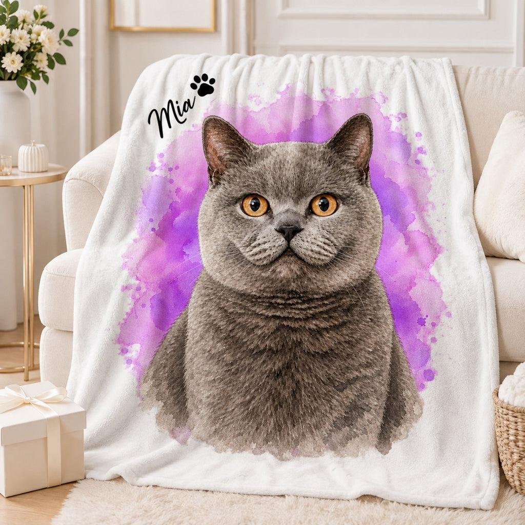 Custom Cat Watercolor Blanket – Personalized Pet Portrait