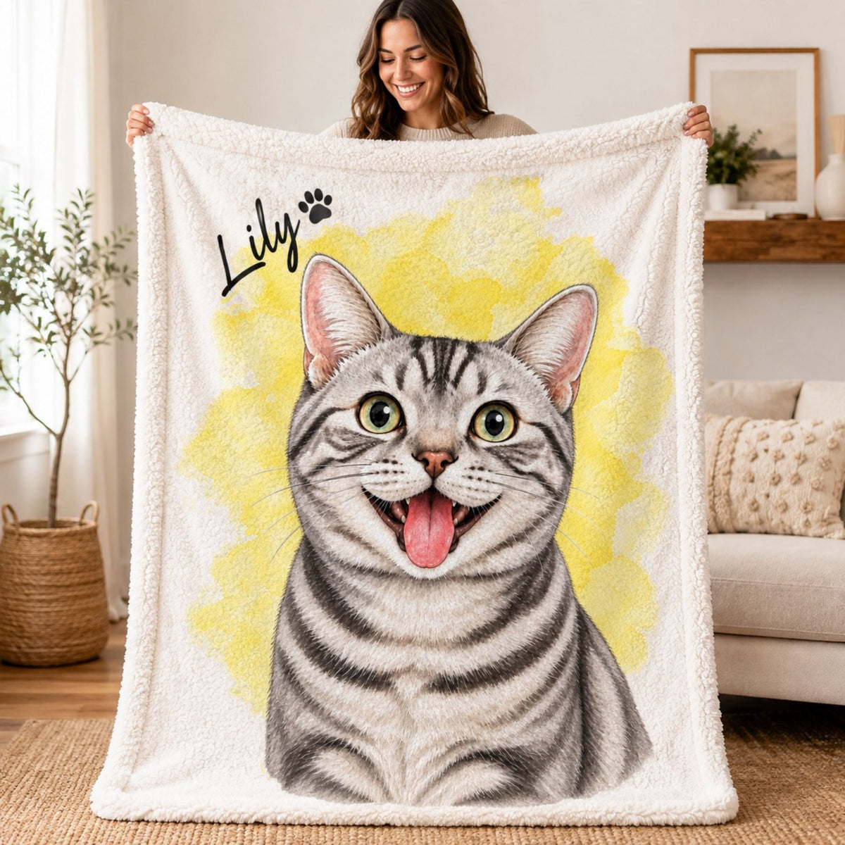 Custom Cat Watercolor Blanket – Personalized Pet Portrait