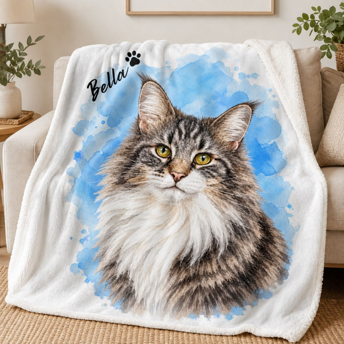Custom Cat Watercolor Blanket – Personalized Pet Portrait