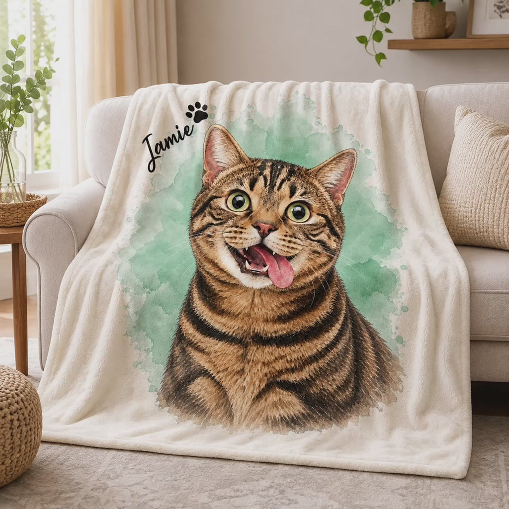 Custom Cat Watercolor Blanket – Personalized Pet Portrait