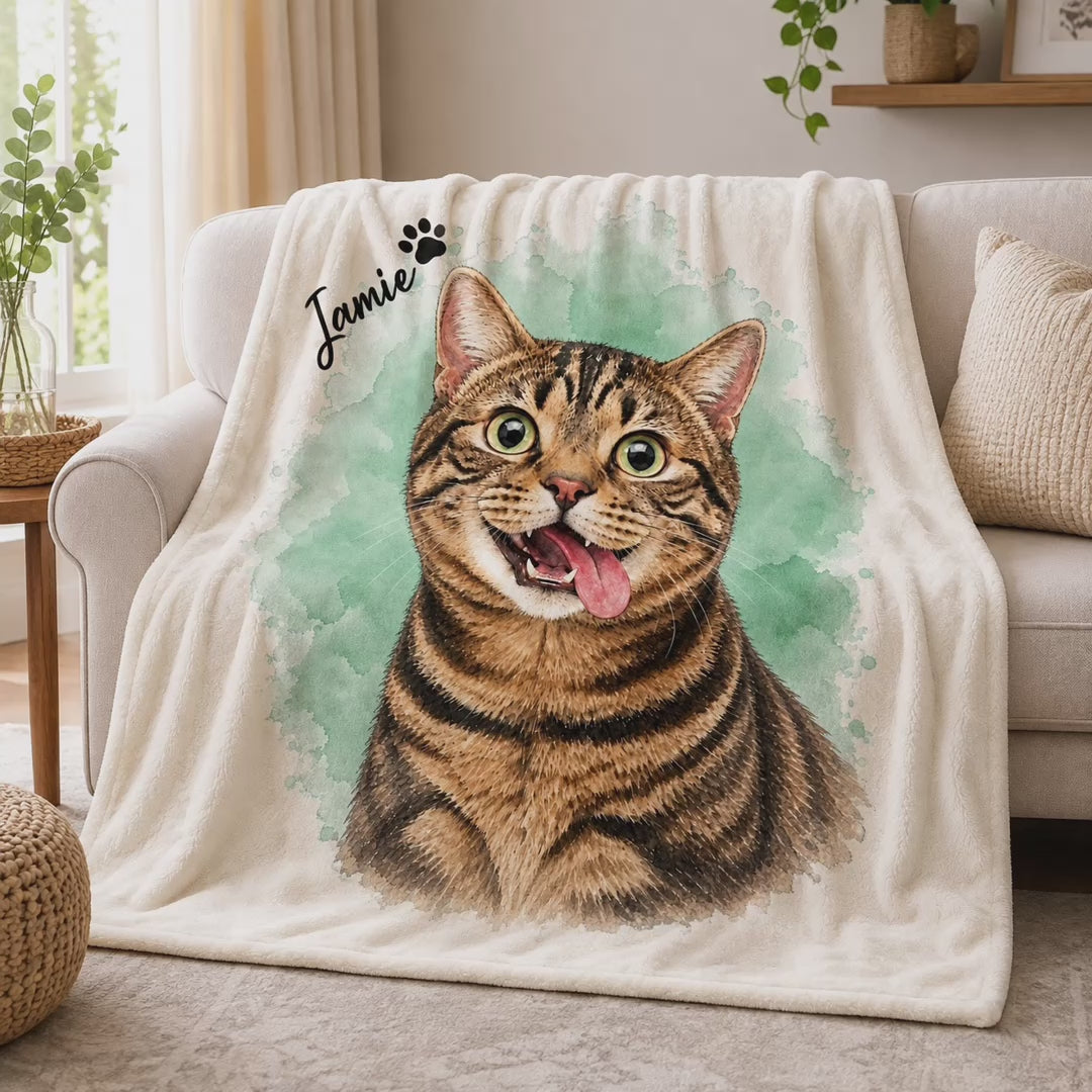 Custom Cat Watercolor Blanket – Personalized Pet Portrait