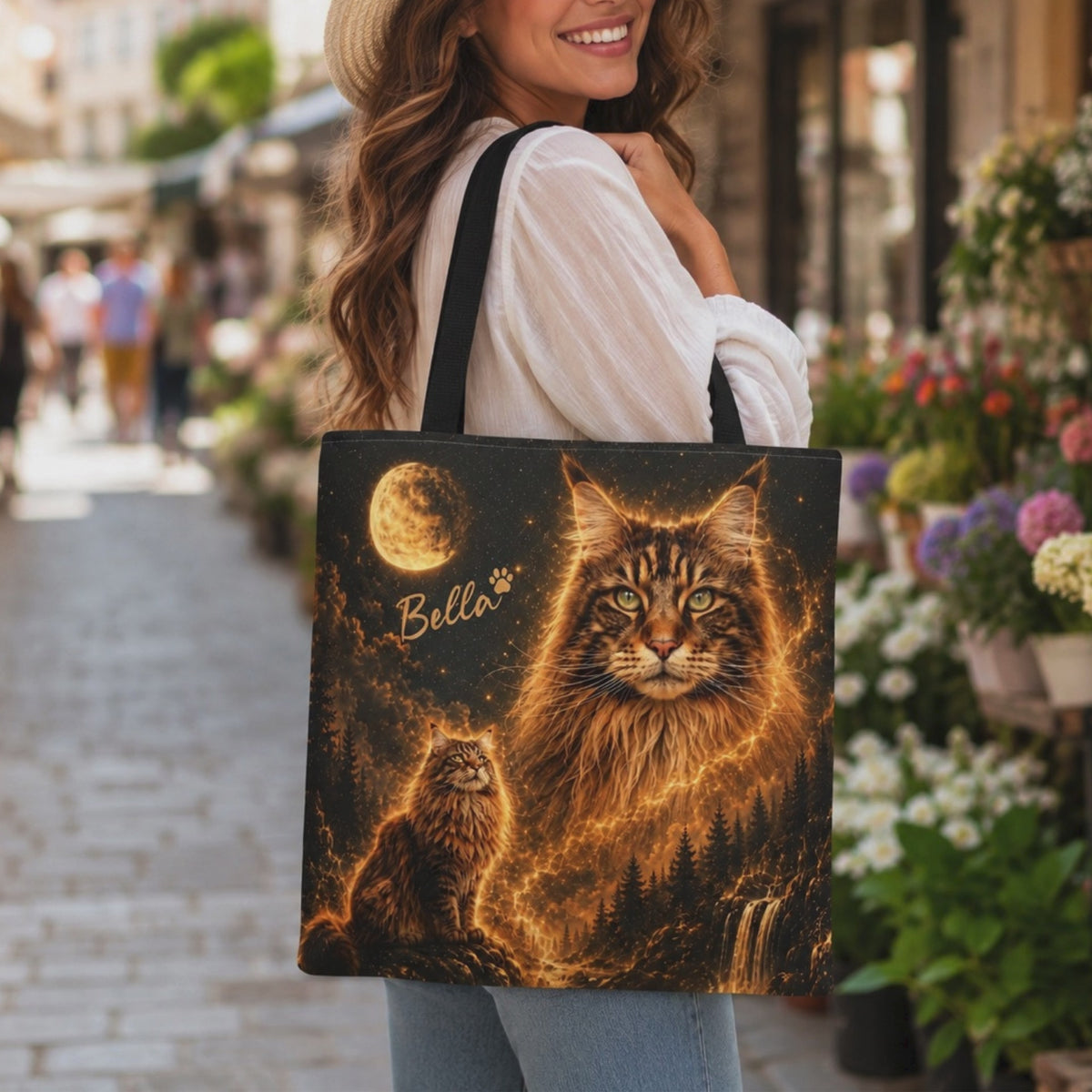 Custom Cat Moon Tote Bag – Personalized Celestial Pet Portrait
