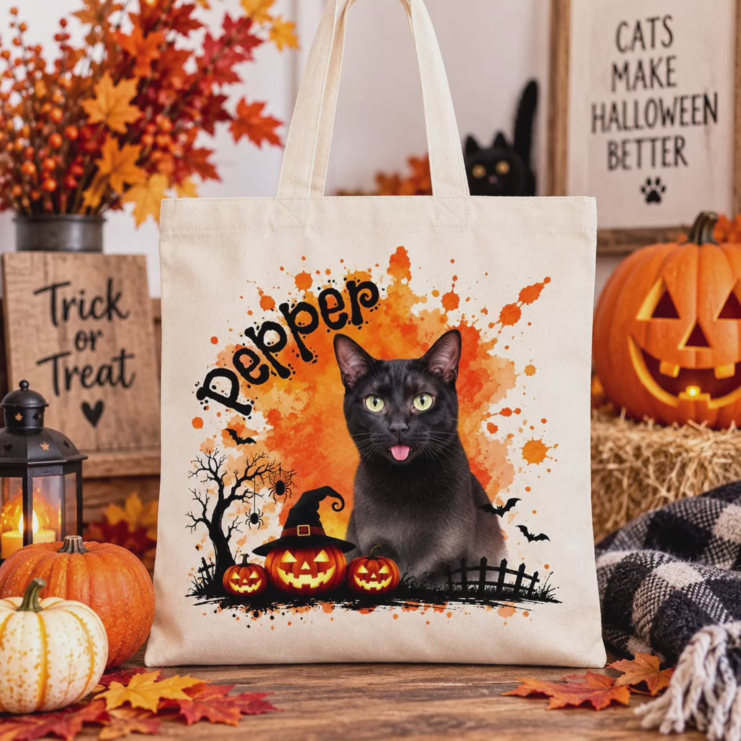 Custom Cat Halloween Tote Bag with Name, Trick or Treat Canvas Bag