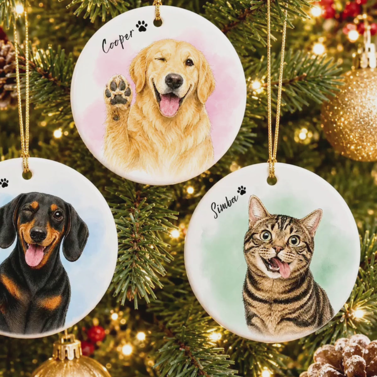 Custom Waving Pet Ornament – Watercolor Dog or Cat Portrait