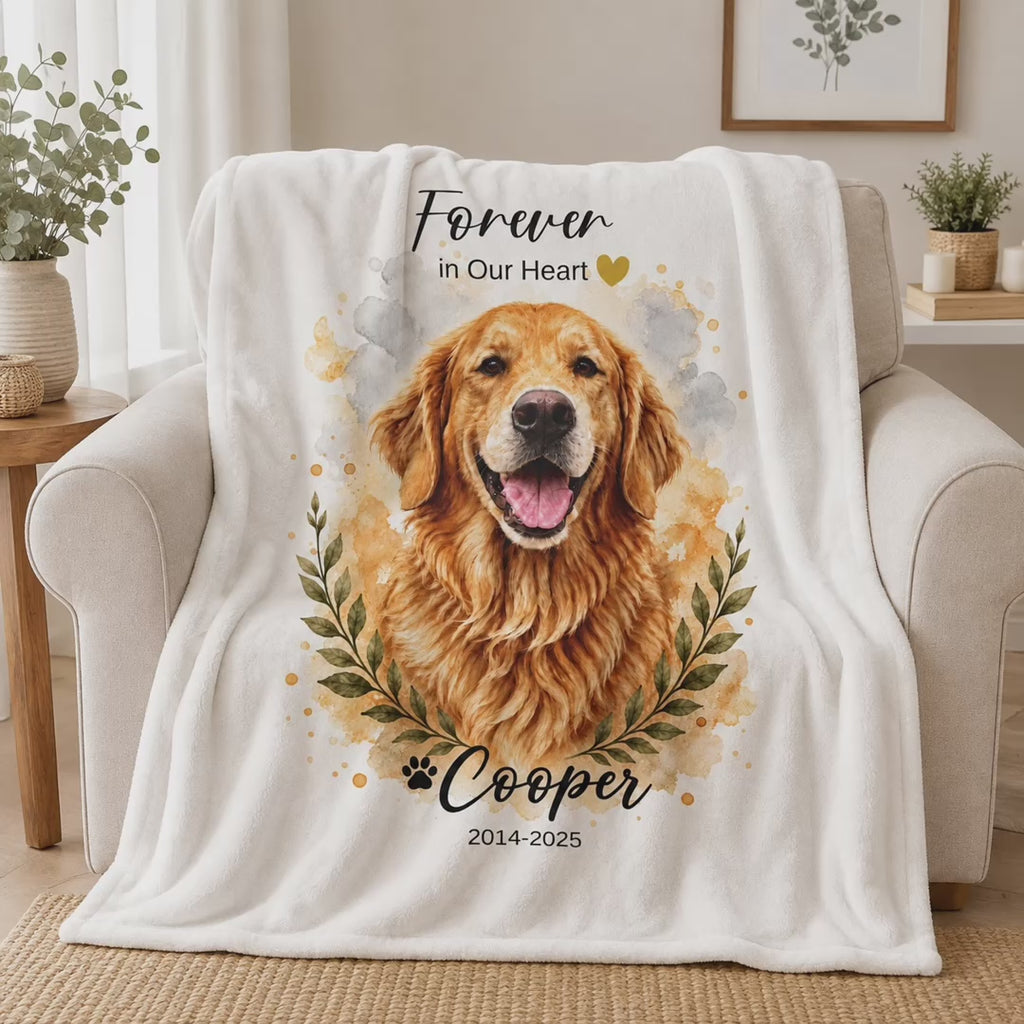 Custom Watercolor Pet Memorial Blanket with Name & Dates