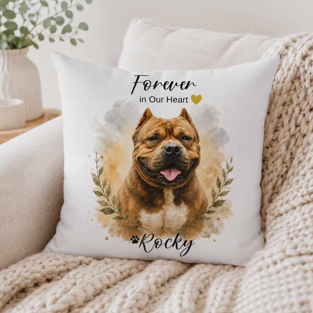 Honor a beloved pet with a custom watercolor memorial pillow featuring their photo, name and dates. Proof approved before printing. Create yours today.
