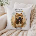 Honor a beloved pet with a custom watercolor memorial pillow featuring their photo, name and dates. Proof approved before printing. Create yours today.