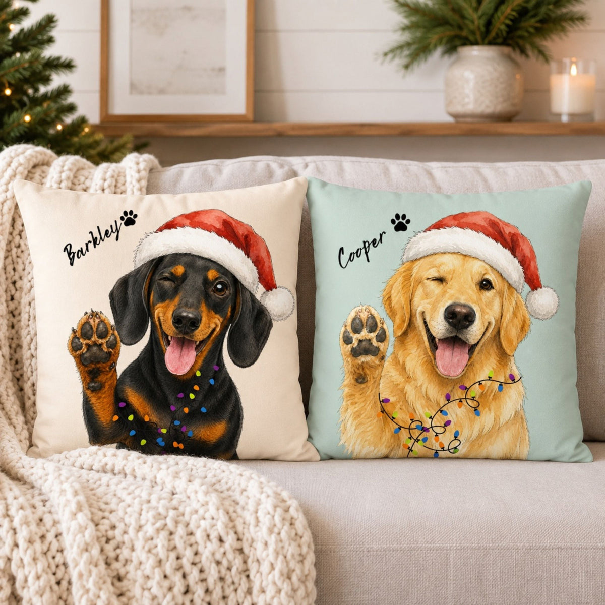 Custom Watercolor Christmas Pet Pillow with Name