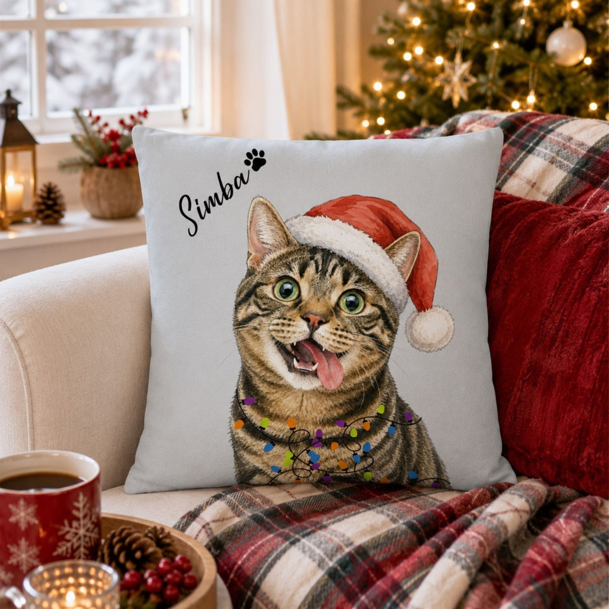 Custom Watercolor Christmas Pet Pillow with Name