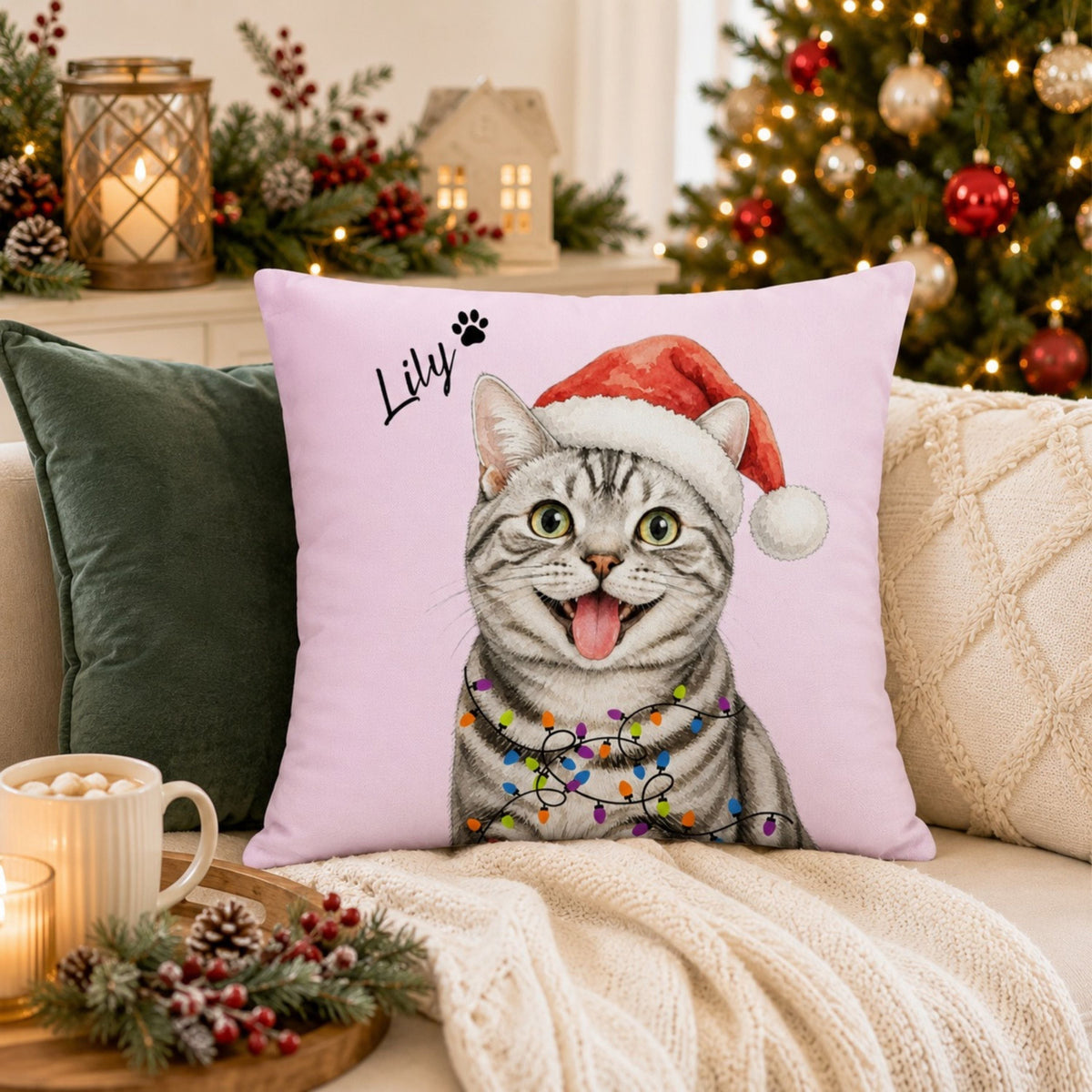 Custom Watercolor Christmas Pet Pillow with Name