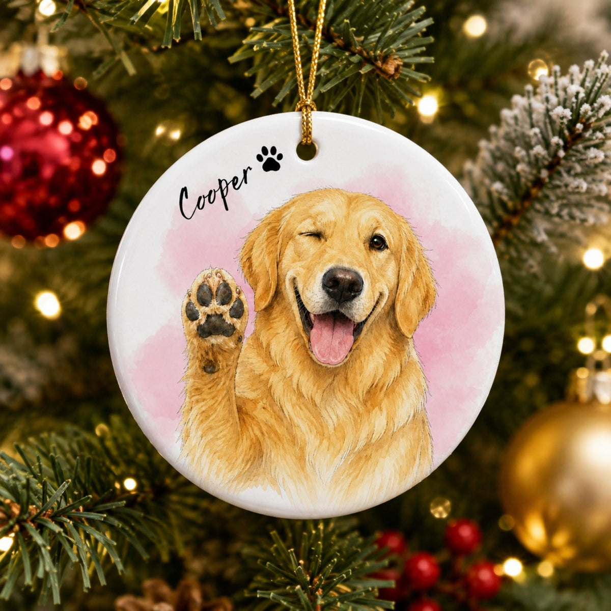 Custom Waving Pet Ornament – Watercolor Dog or Cat Portrait