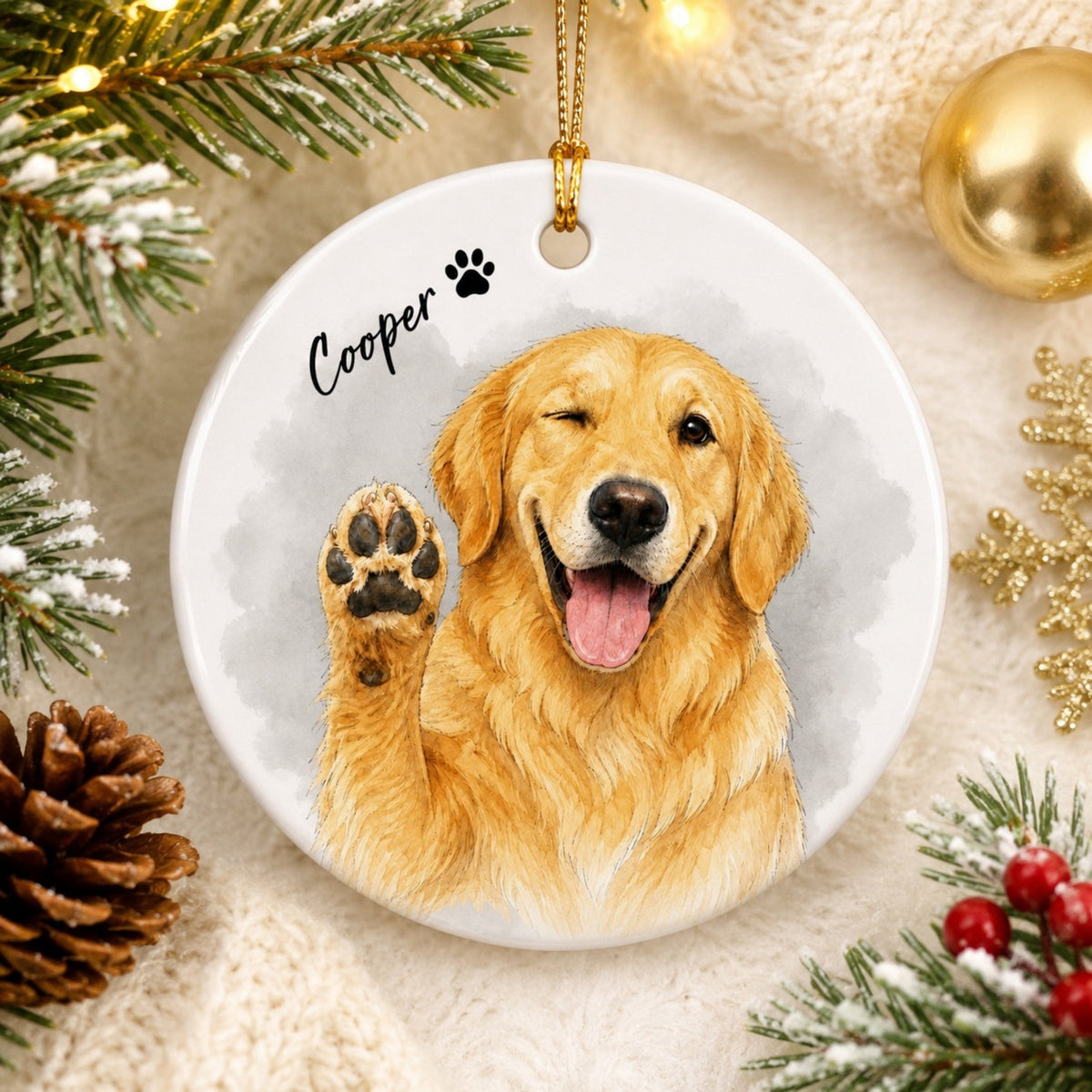 Custom Waving Pet Ornament – Watercolor Dog or Cat Portrait
